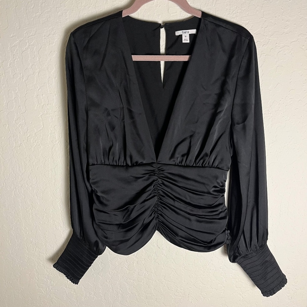 Bar III woman's black low V-cut blouse, Size 10. Front ruching with long sleeves
